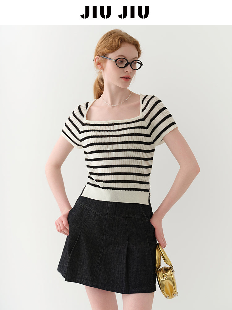 Striped Square-Neck Knit Top With Back Ribbon Tie