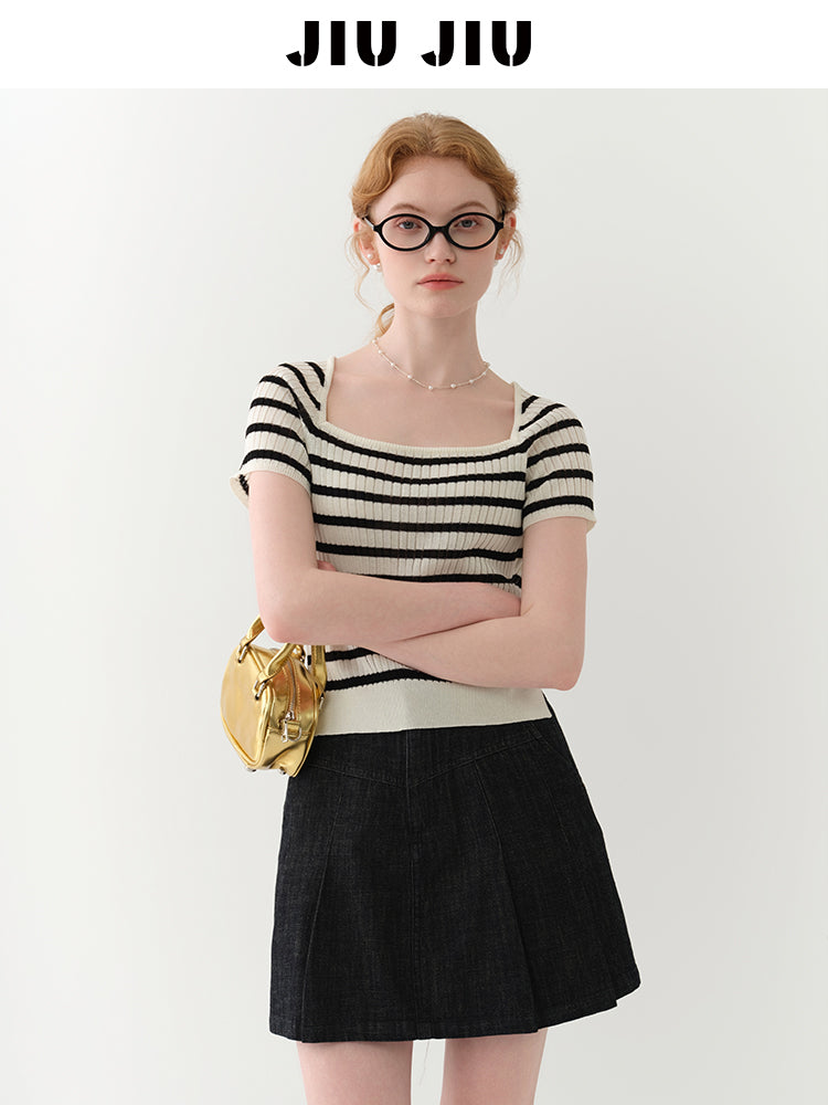 Striped Square-Neck Knit Top With Back Ribbon Tie