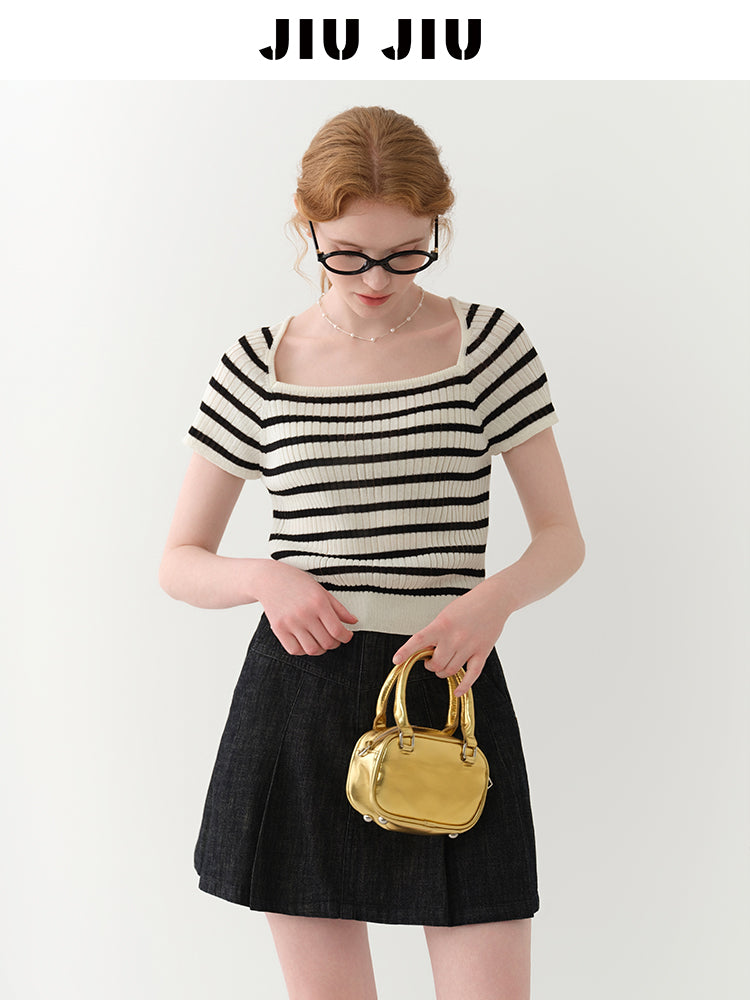 Striped Square-Neck Knit Top With Back Ribbon Tie