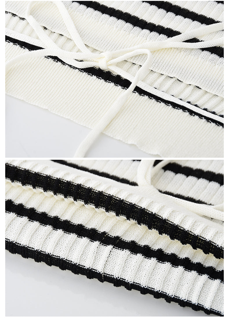 Striped Square-Neck Knit Top With Back Ribbon Tie
