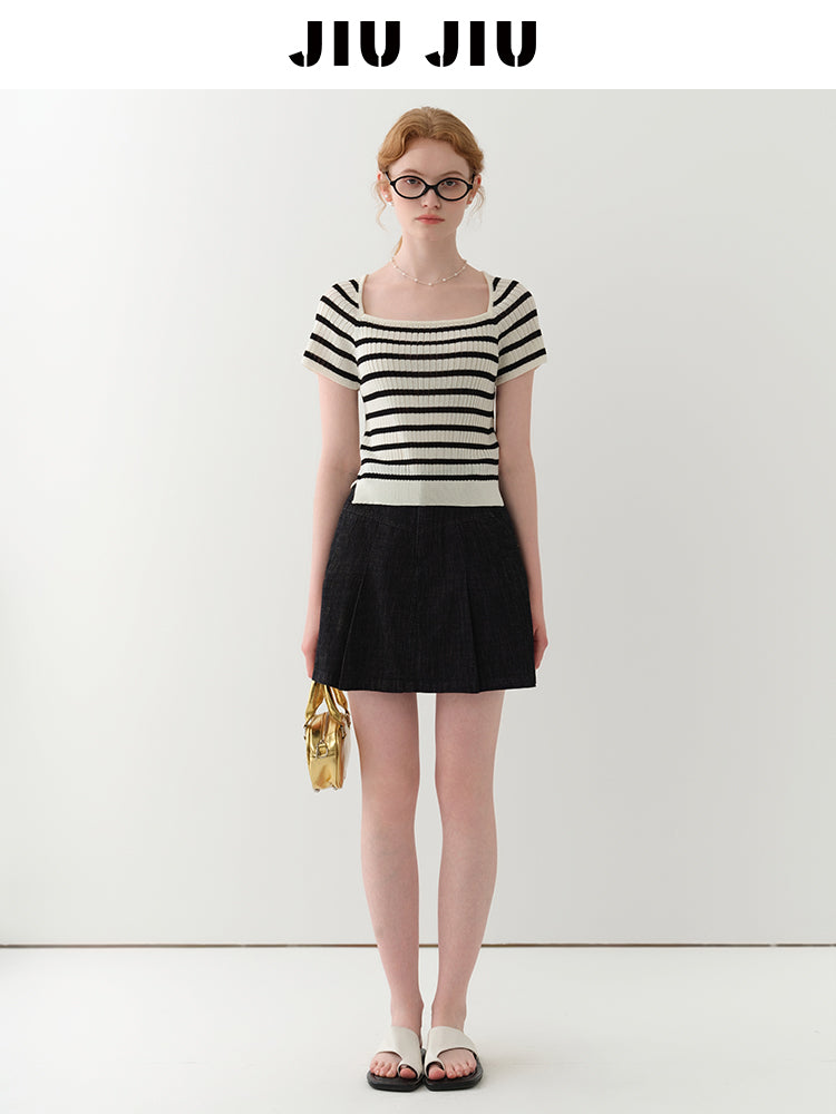 Striped Square-Neck Knit Top With Back Ribbon Tie