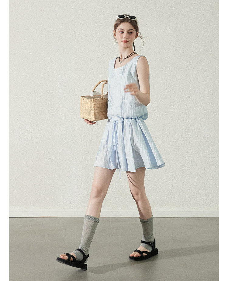 Textured Stripe Sleeveless Dress With Tie Waist