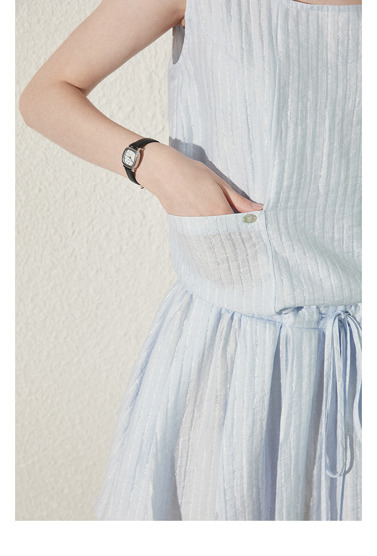 Textured Stripe Sleeveless Dress With Tie Waist