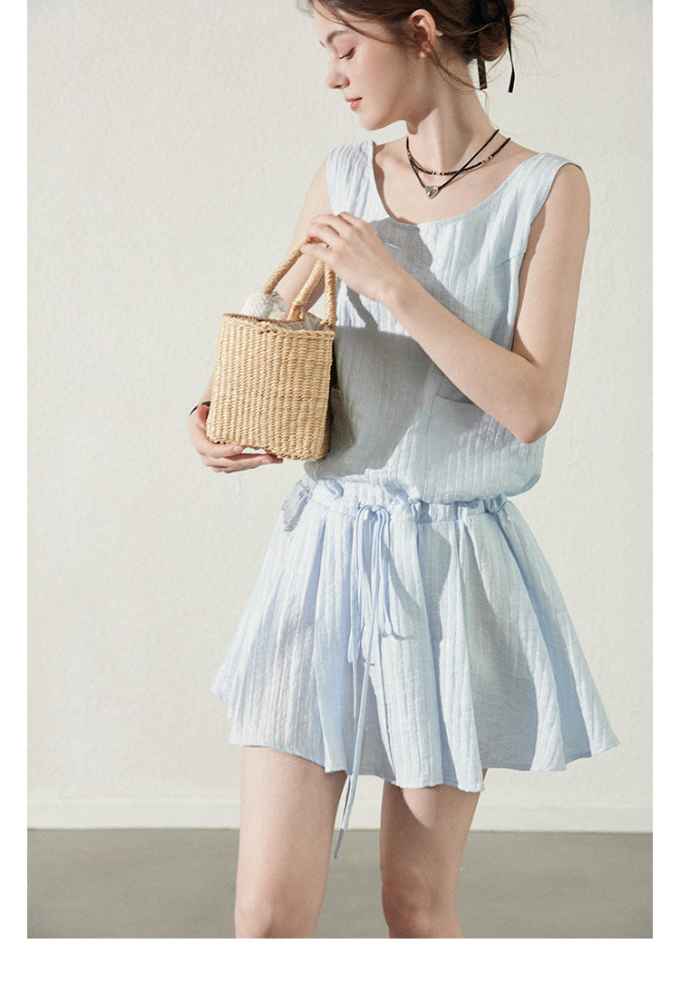 Textured Stripe Sleeveless Dress With Tie Waist