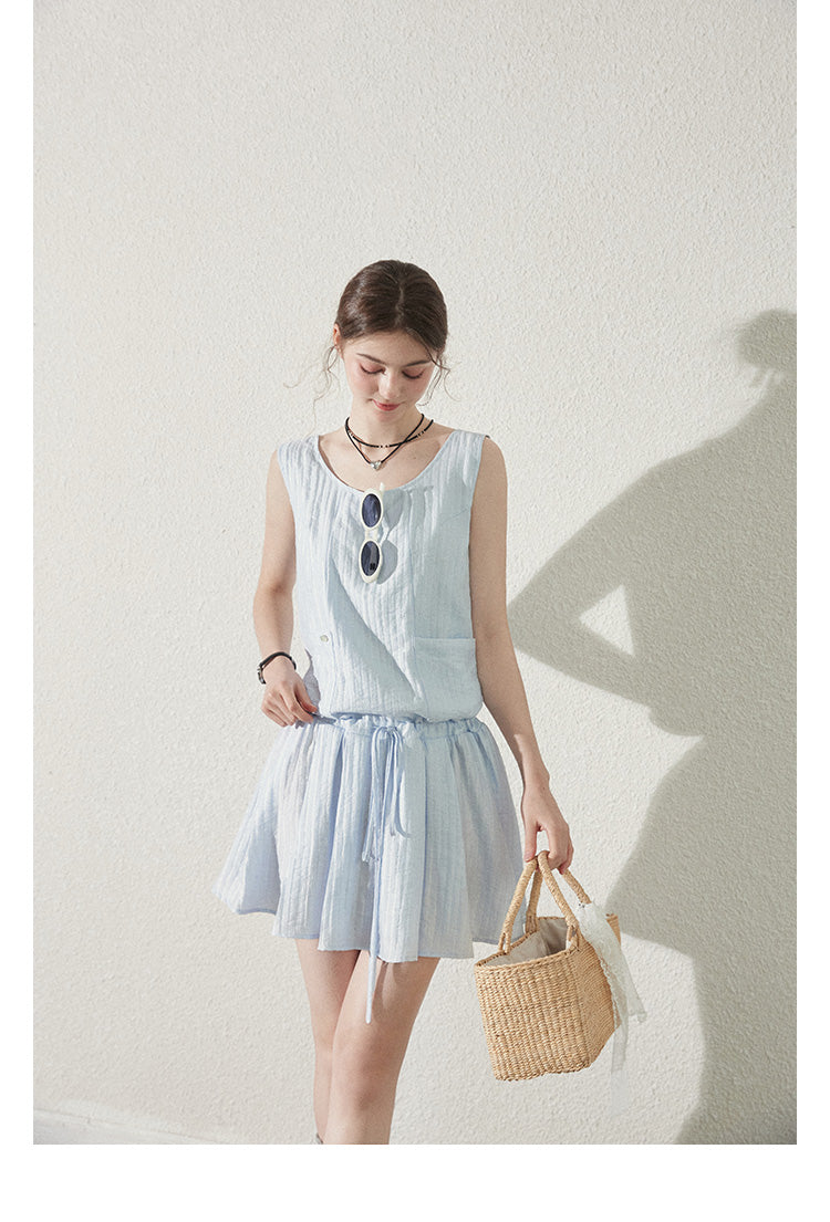 Textured Stripe Sleeveless Dress With Tie Waist