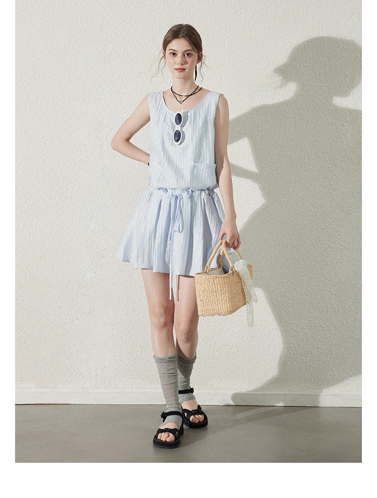 Textured Stripe Sleeveless Dress With Tie Waist