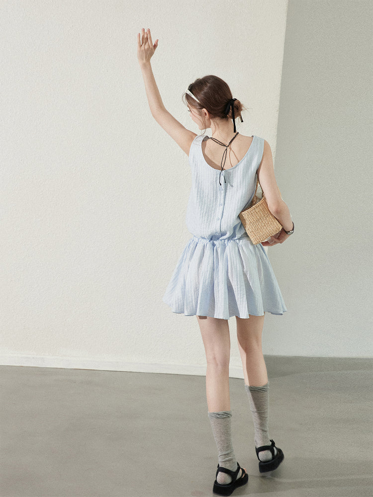 Textured Stripe Sleeveless Dress With Tie Waist