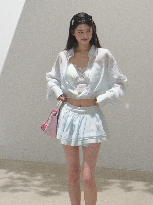 Textured Striped Shirt, Bra Top And Skirt