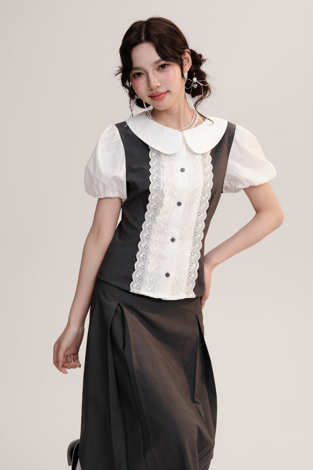 Lace Placket Two-Tone Blouse & Pleated Midi Skirt