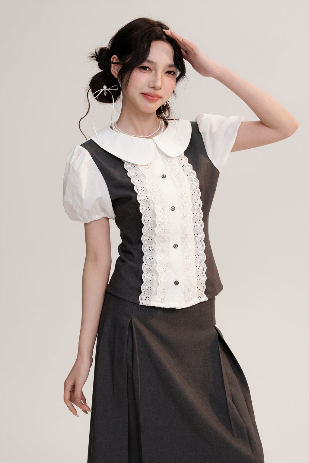 Lace Placket Two-Tone Blouse & Pleated Midi Skirt