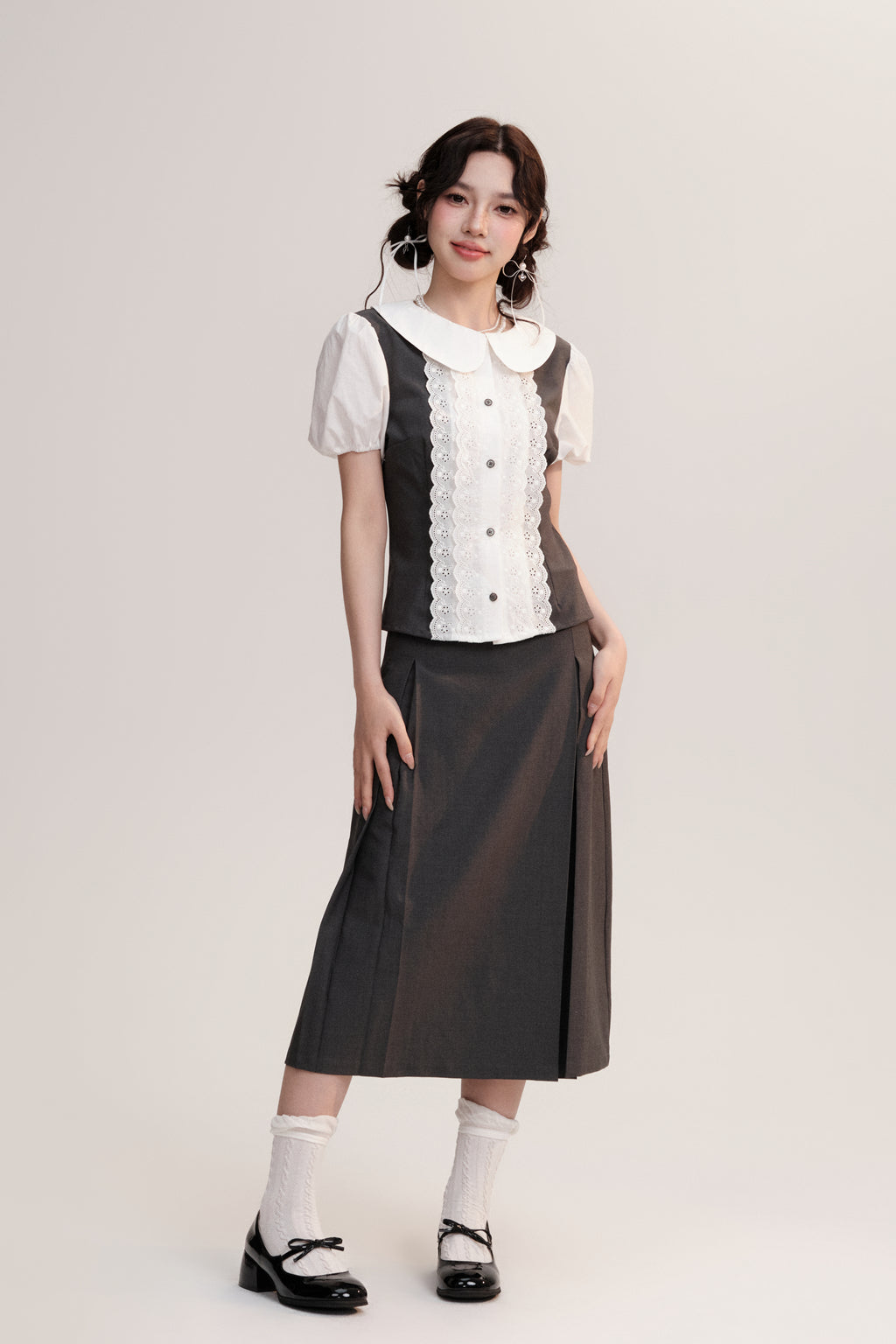 Lace Placket Two-Tone Blouse & Pleated Midi Skirt
