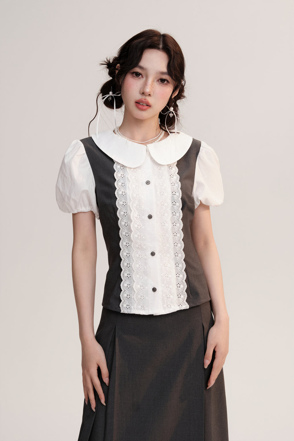 Lace Placket Two-Tone Blouse & Pleated Midi Skirt