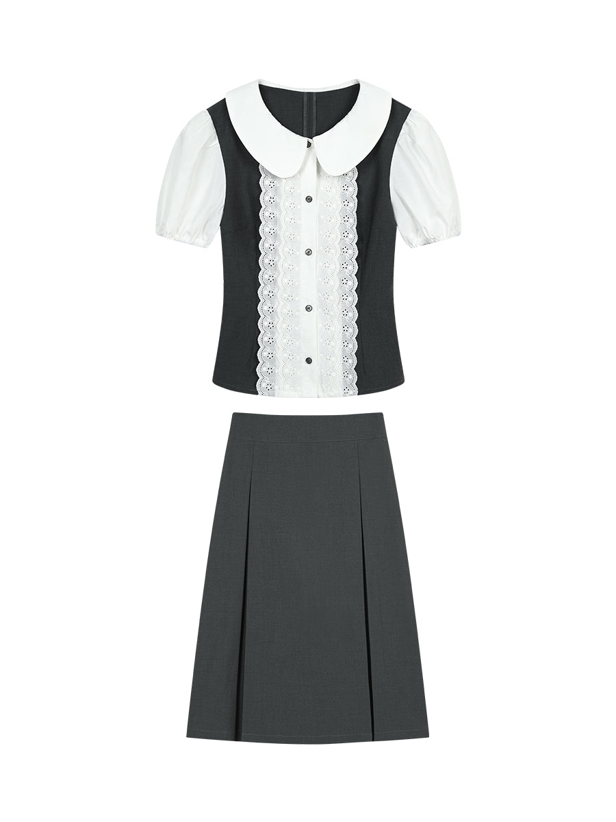 Lace Placket Two-Tone Blouse & Pleated Midi Skirt