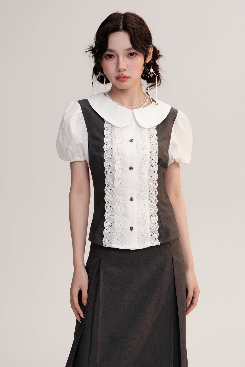 Lace Placket Two-Tone Blouse & Pleated Midi Skirt