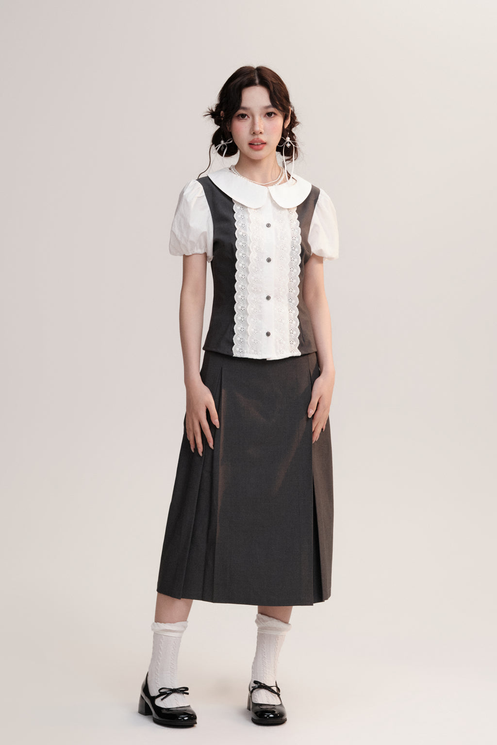 Lace Placket Two-Tone Blouse & Pleated Midi Skirt