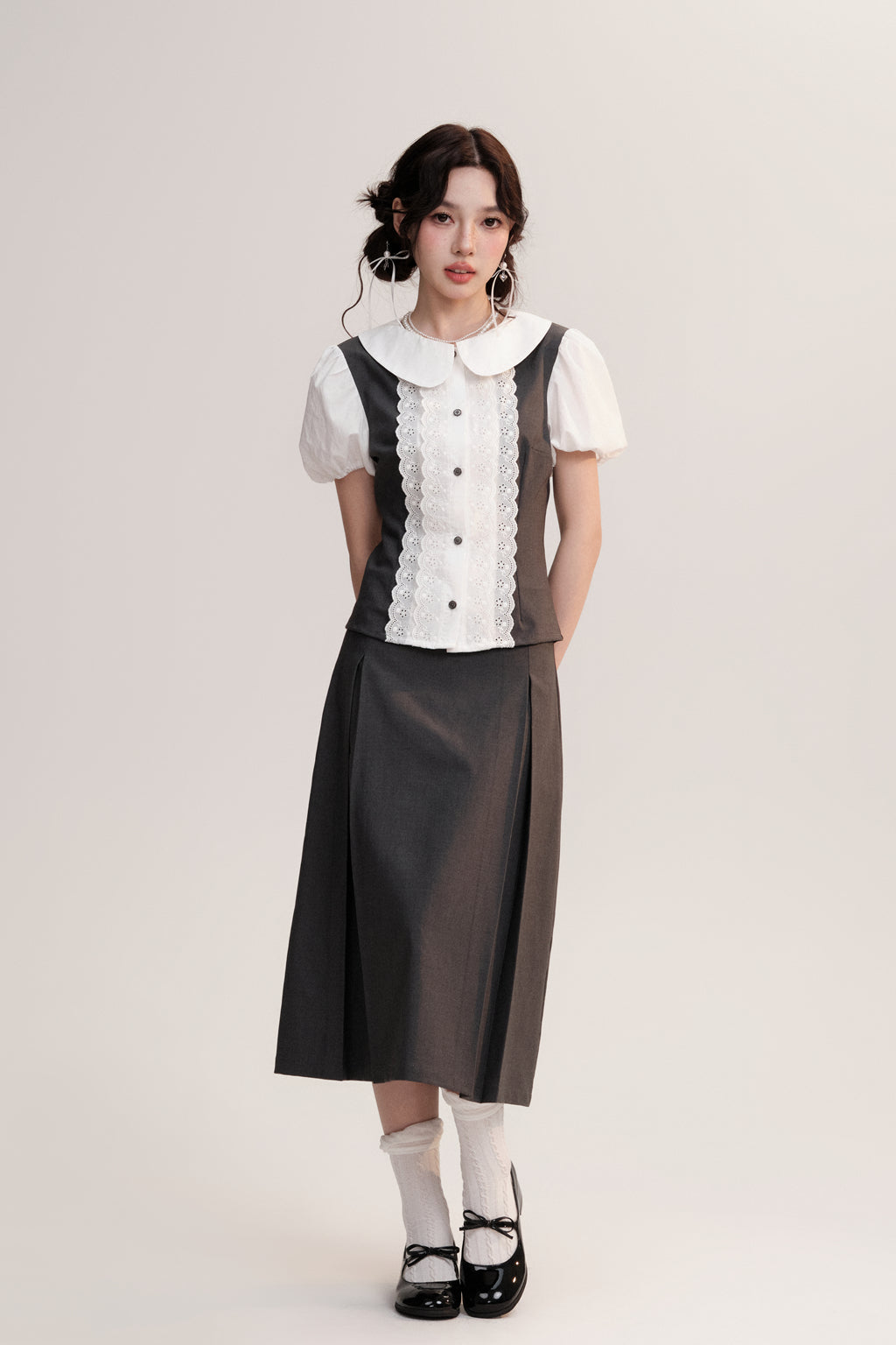 Lace Placket Two-Tone Blouse & Pleated Midi Skirt