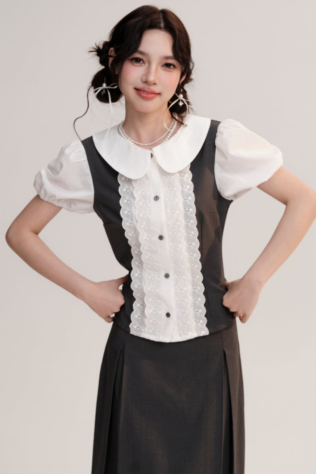 Lace Placket Two-Tone Blouse & Pleated Midi Skirt