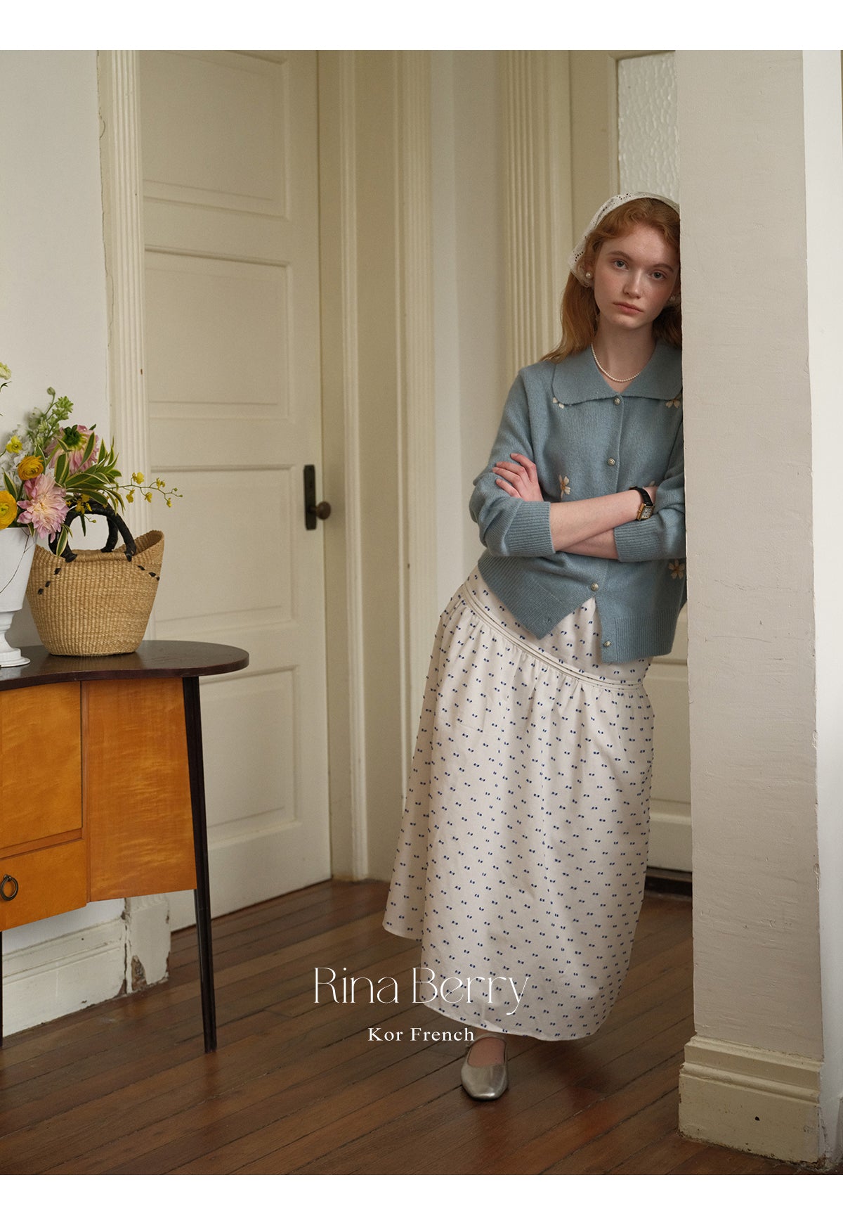 Dotted Embroidered Linen Blend Yoke Skirt
