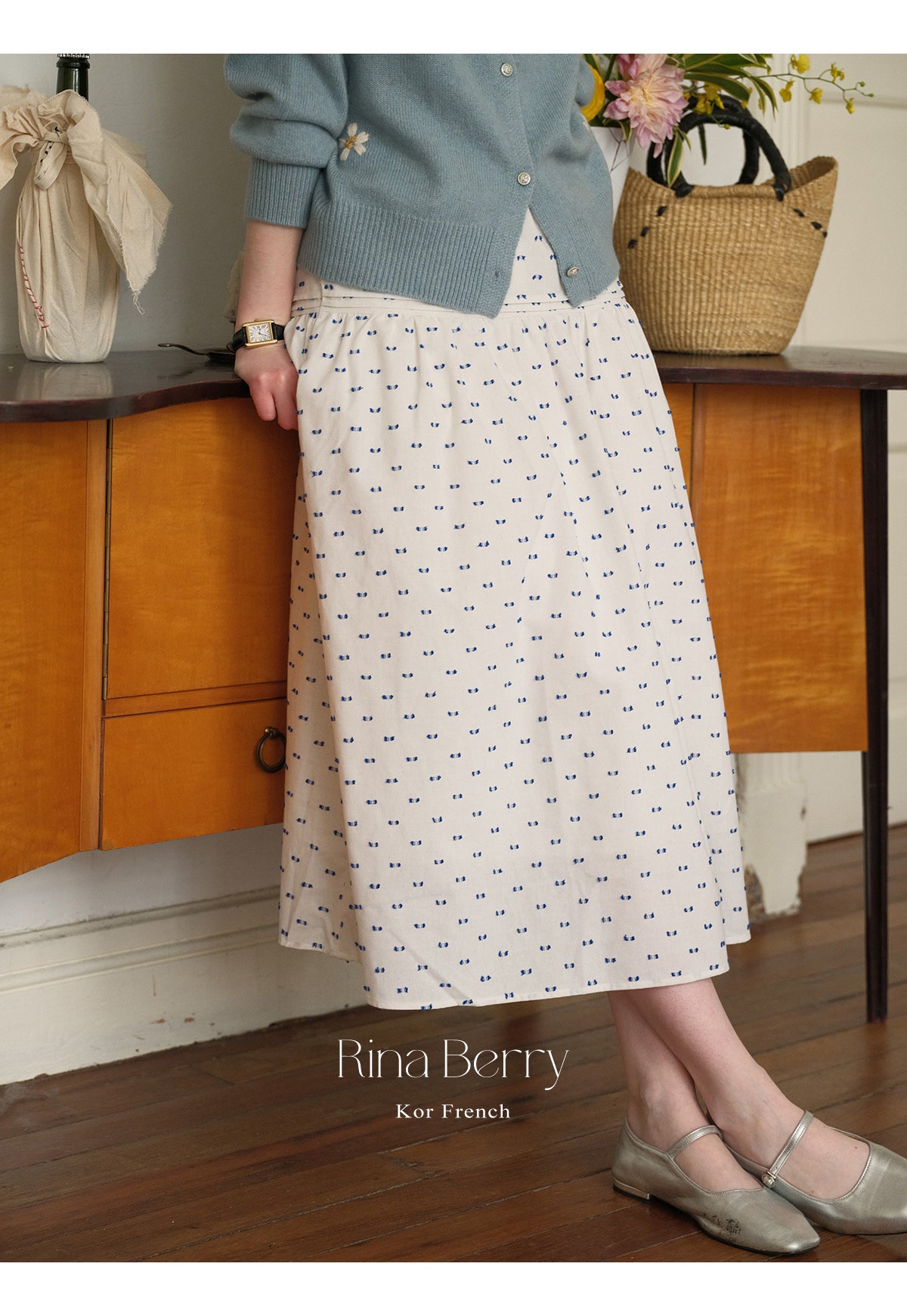 Dotted Embroidered Linen Blend Yoke Skirt