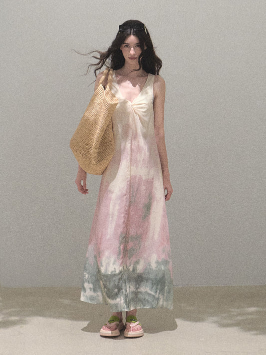 V-Neck Twisted-Front Sleeveless Printed Dress