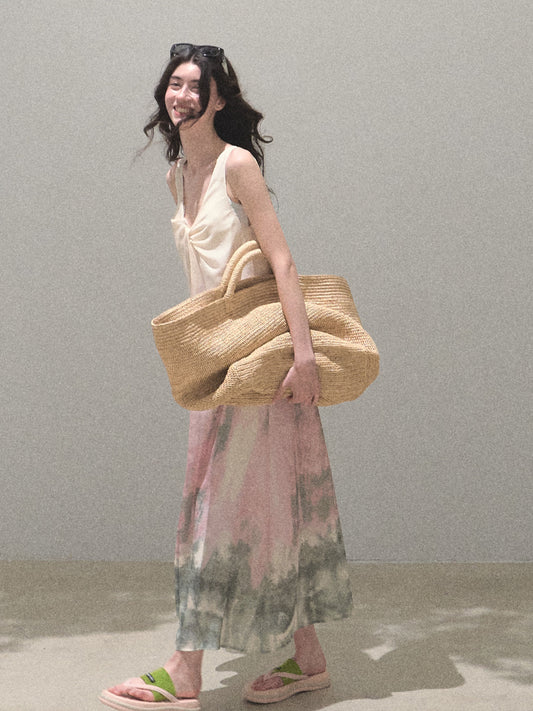 V-Neck Twisted-Front Sleeveless Printed Dress