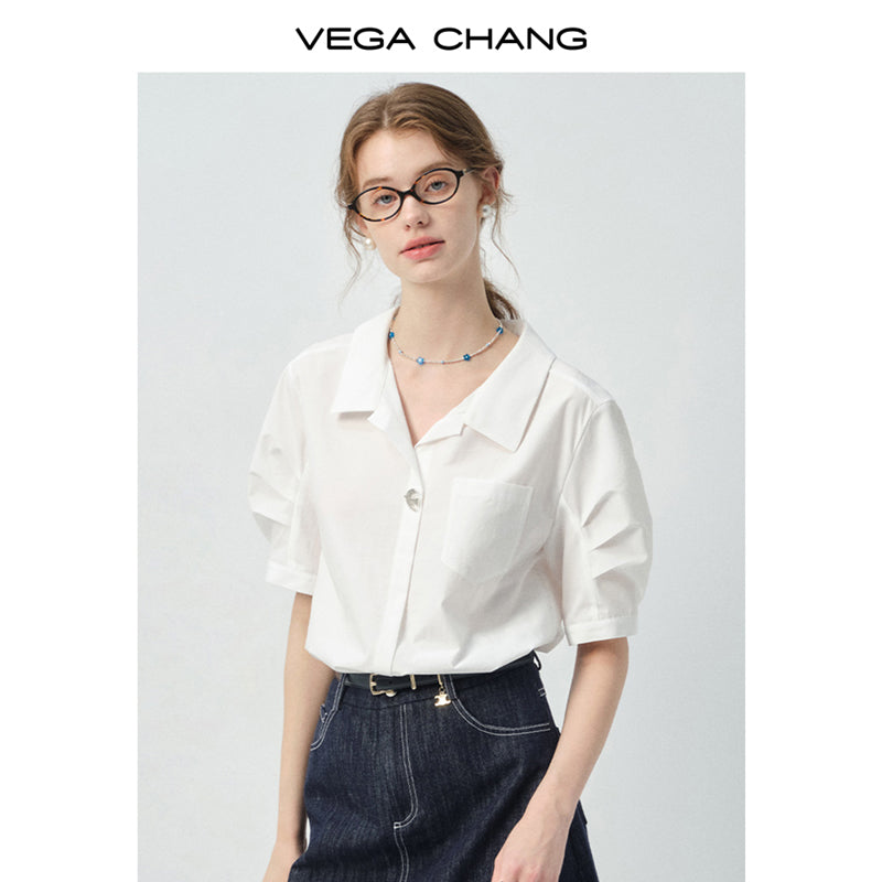 Bird-Accent Pleated Half-Sleeve Shirt & Denim Mini Skirt