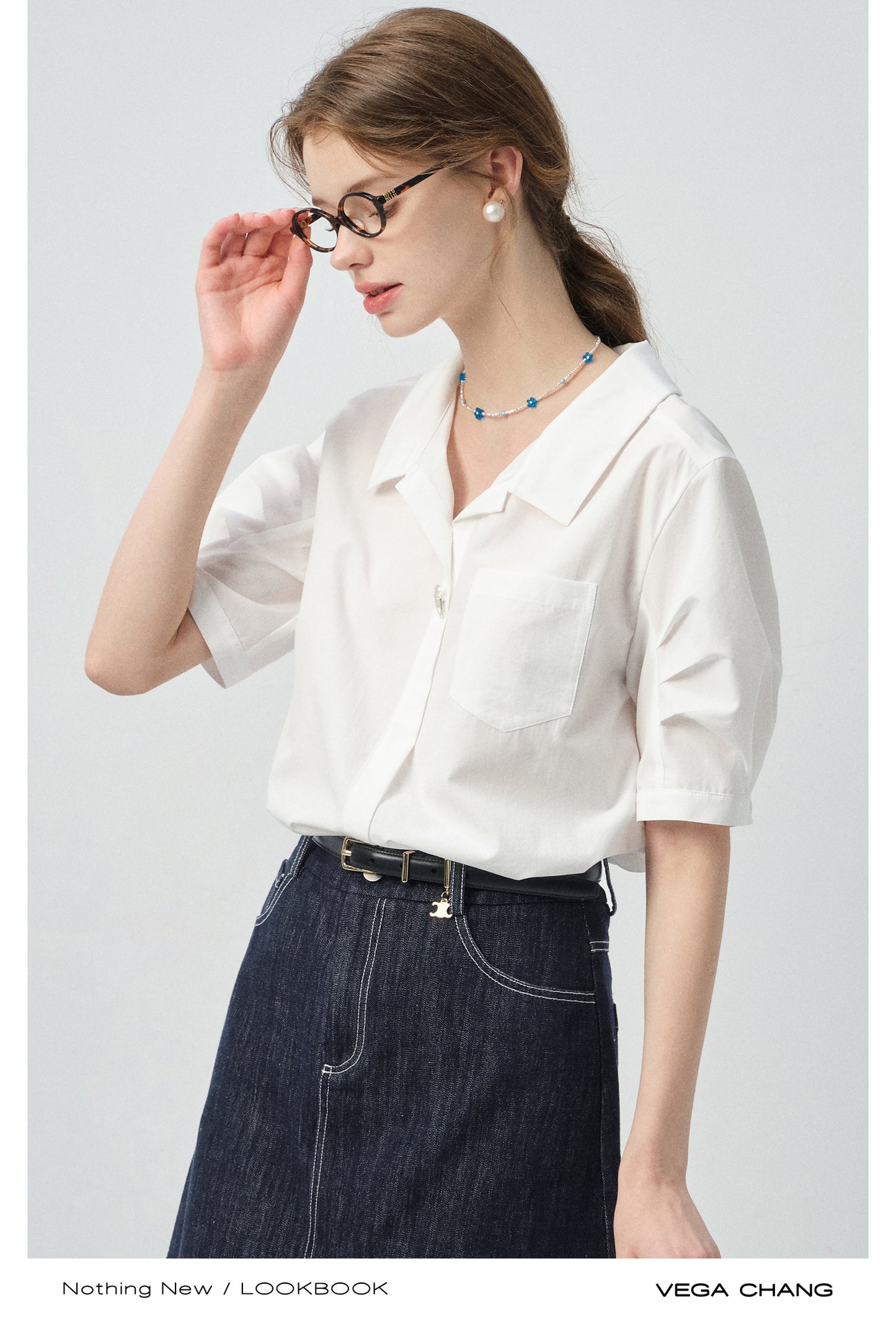 Bird-Accent Pleated Half-Sleeve Shirt & Denim Mini Skirt