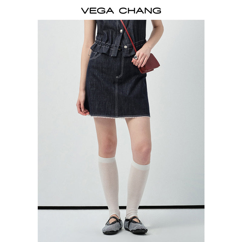 Bird-Accent Pleated Half-Sleeve Shirt & Denim Mini Skirt