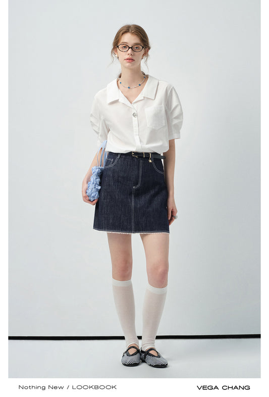 Bird-Accent Pleated Half-Sleeve Shirt & Denim Mini Skirt