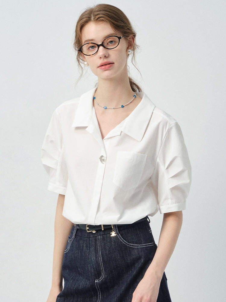 Bird-Accent Pleated Half-Sleeve Shirt & Denim Mini Skirt