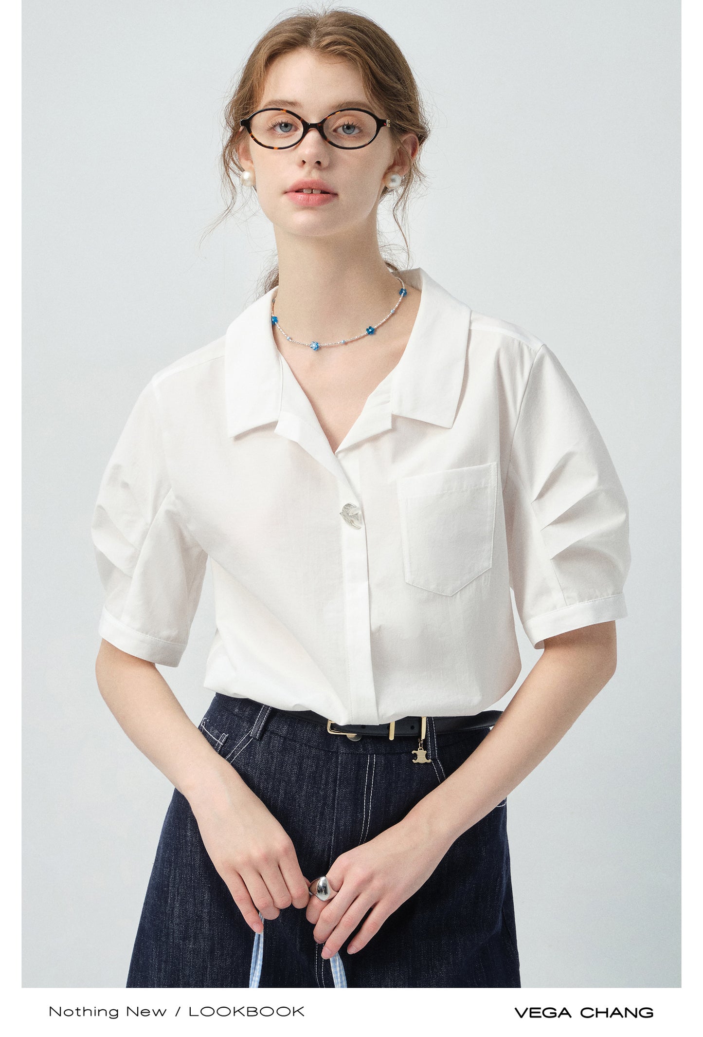 Bird-Accent Pleated Half-Sleeve Shirt & Denim Mini Skirt