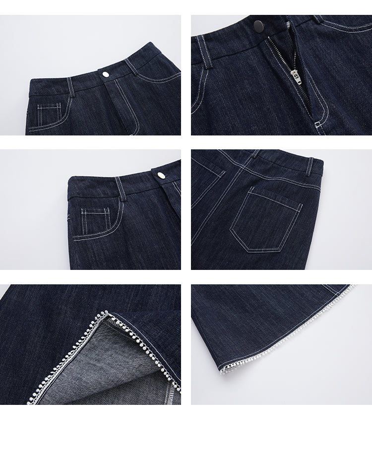Bird-Accent Pleated Half-Sleeve Shirt & Denim Mini Skirt