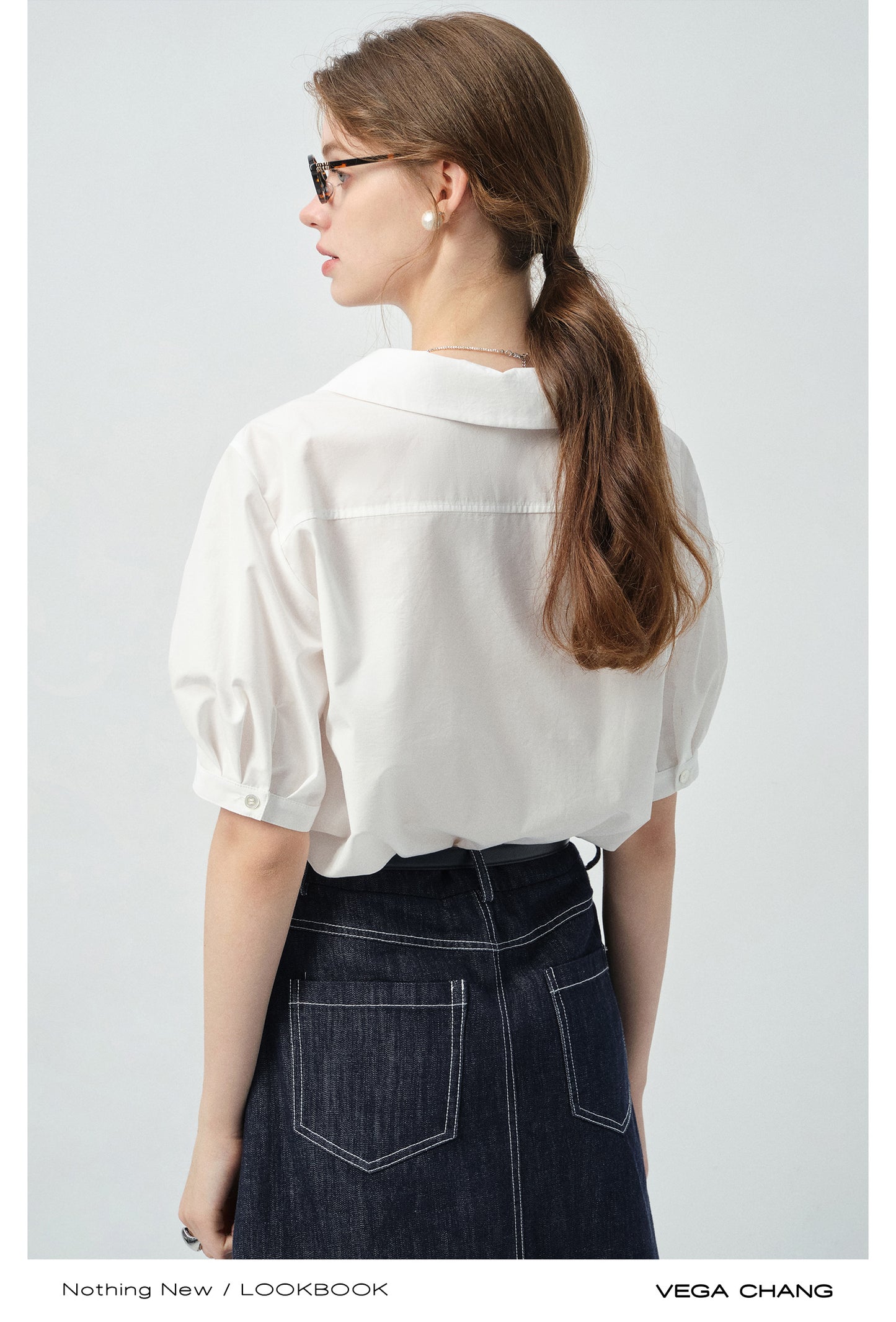 Bird-Accent Pleated Half-Sleeve Shirt & Denim Mini Skirt