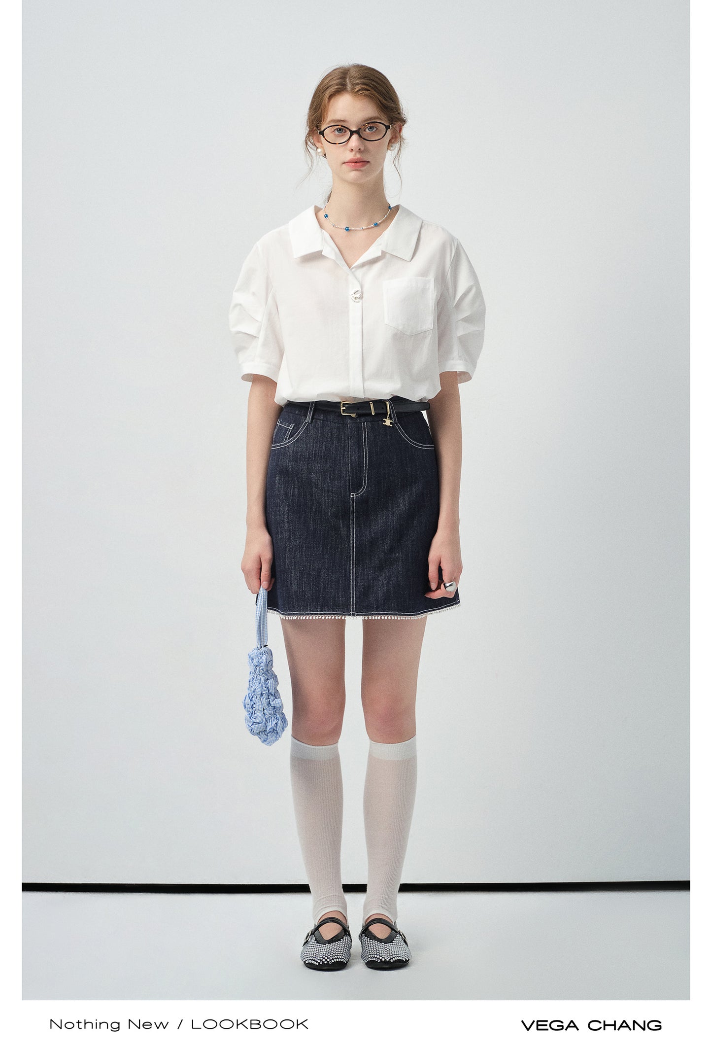 Bird-Accent Pleated Half-Sleeve Shirt & Denim Mini Skirt