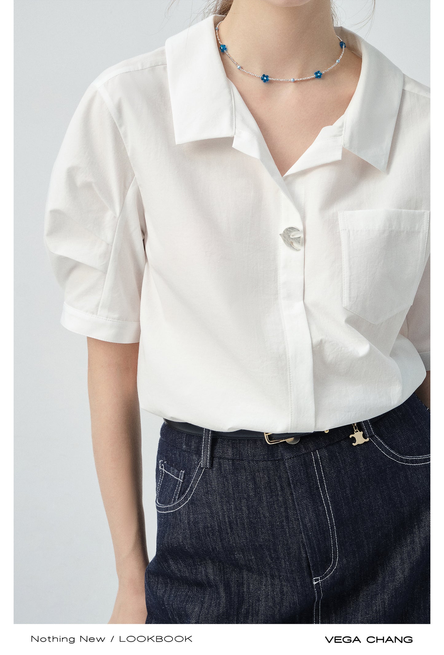 Bird-Accent Pleated Half-Sleeve Shirt & Denim Mini Skirt