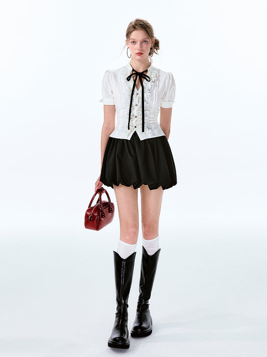 Classic Frilled Tie-Neck Blouse And Bubble Skirt