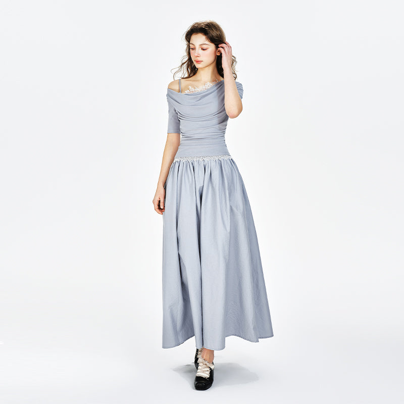 One-Shoulder Faux Layered Draped Maxi Dress