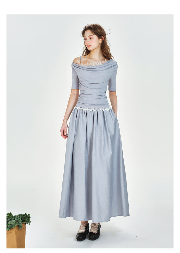 One-Shoulder Faux Layered Draped Maxi Dress