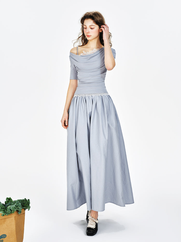 One-Shoulder Faux Layered Draped Maxi Dress