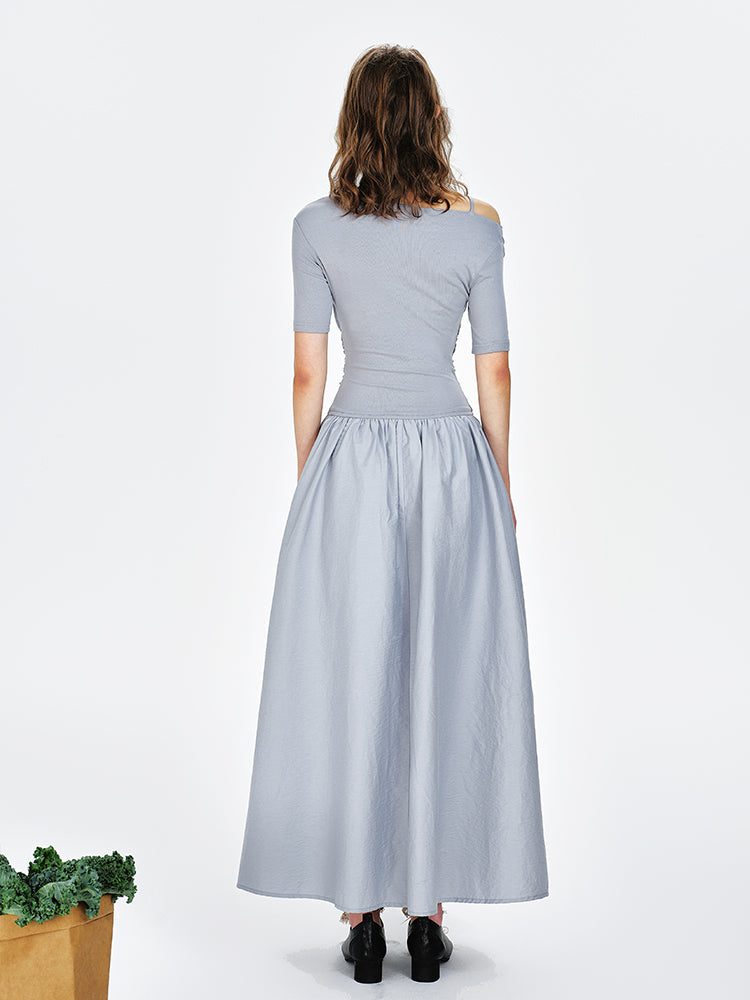 One-Shoulder Faux Layered Draped Maxi Dress