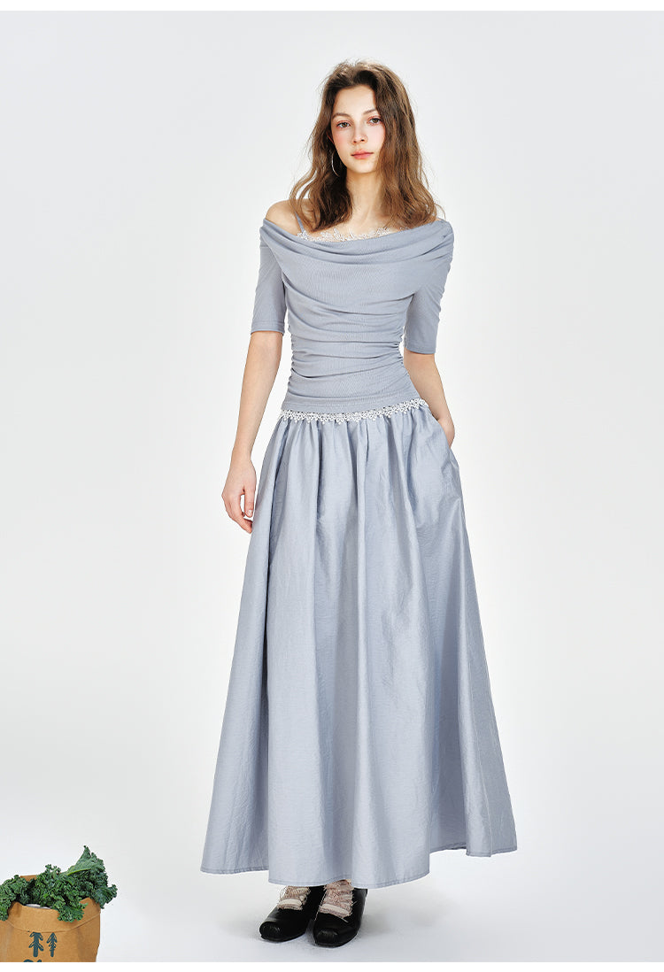 One-Shoulder Faux Layered Draped Maxi Dress