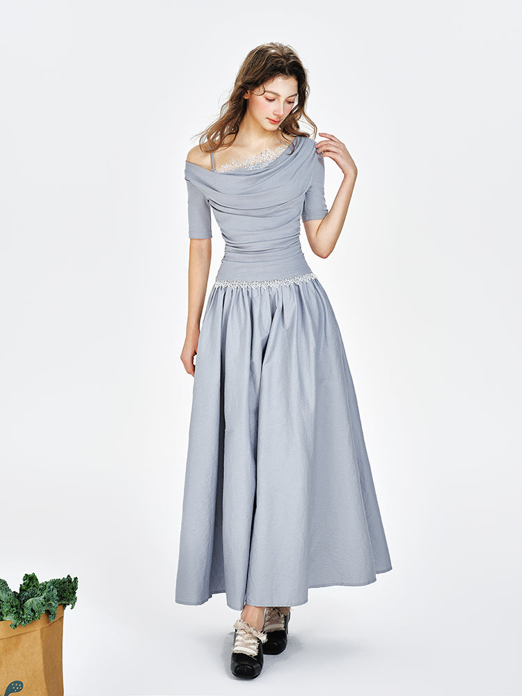 One-Shoulder Faux Layered Draped Maxi Dress