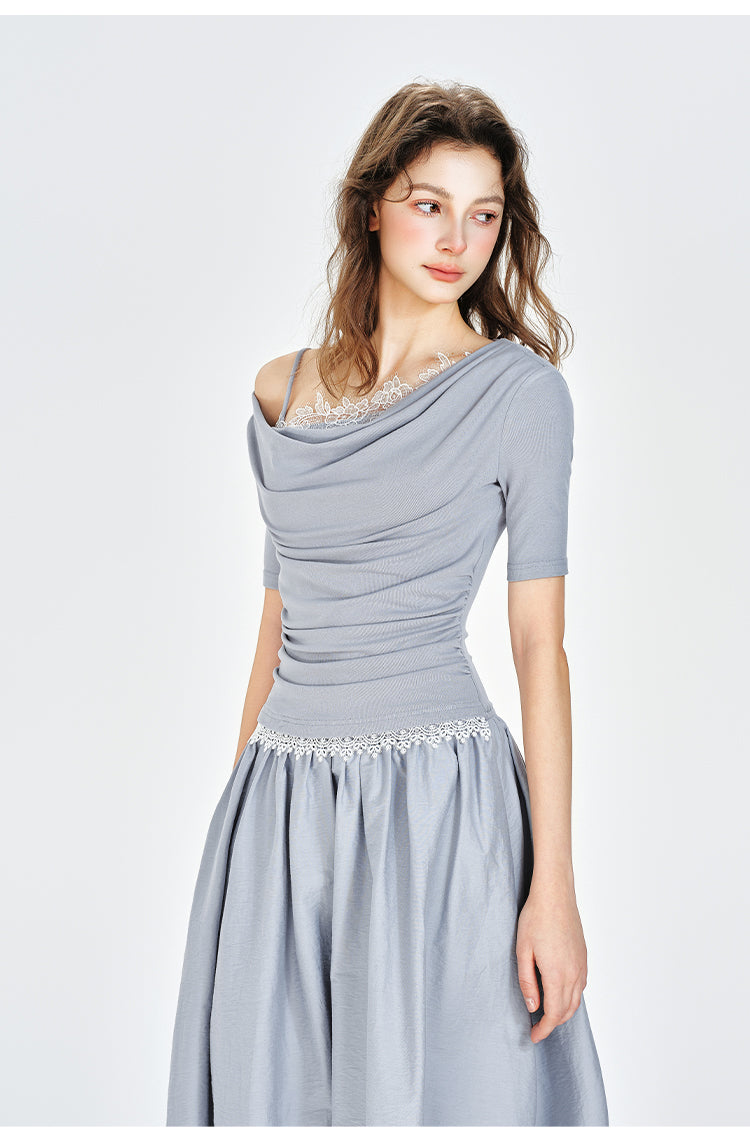 One-Shoulder Faux Layered Draped Maxi Dress