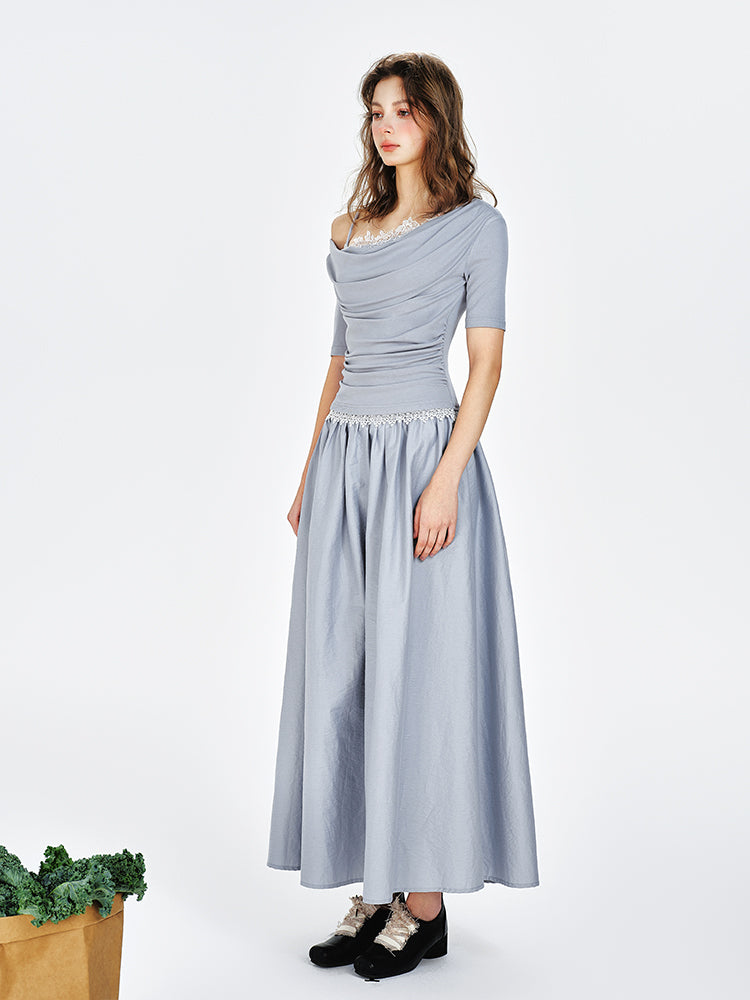 One-Shoulder Faux Layered Draped Maxi Dress