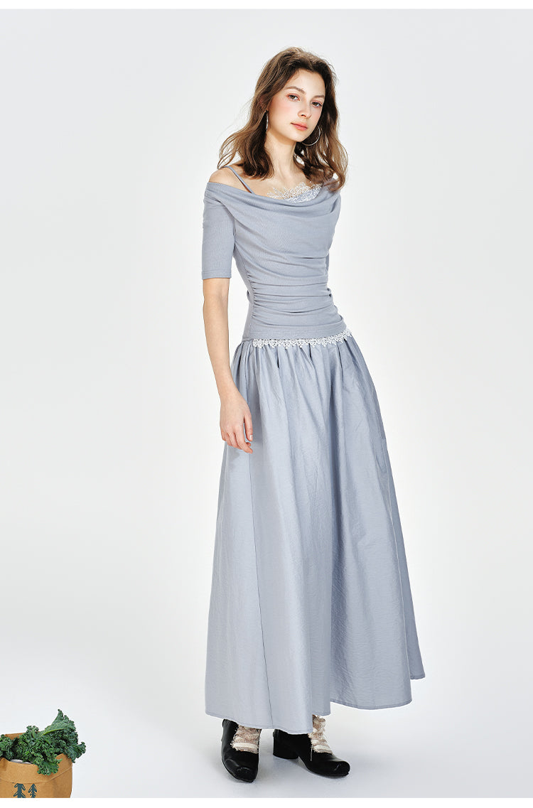 One-Shoulder Faux Layered Draped Maxi Dress