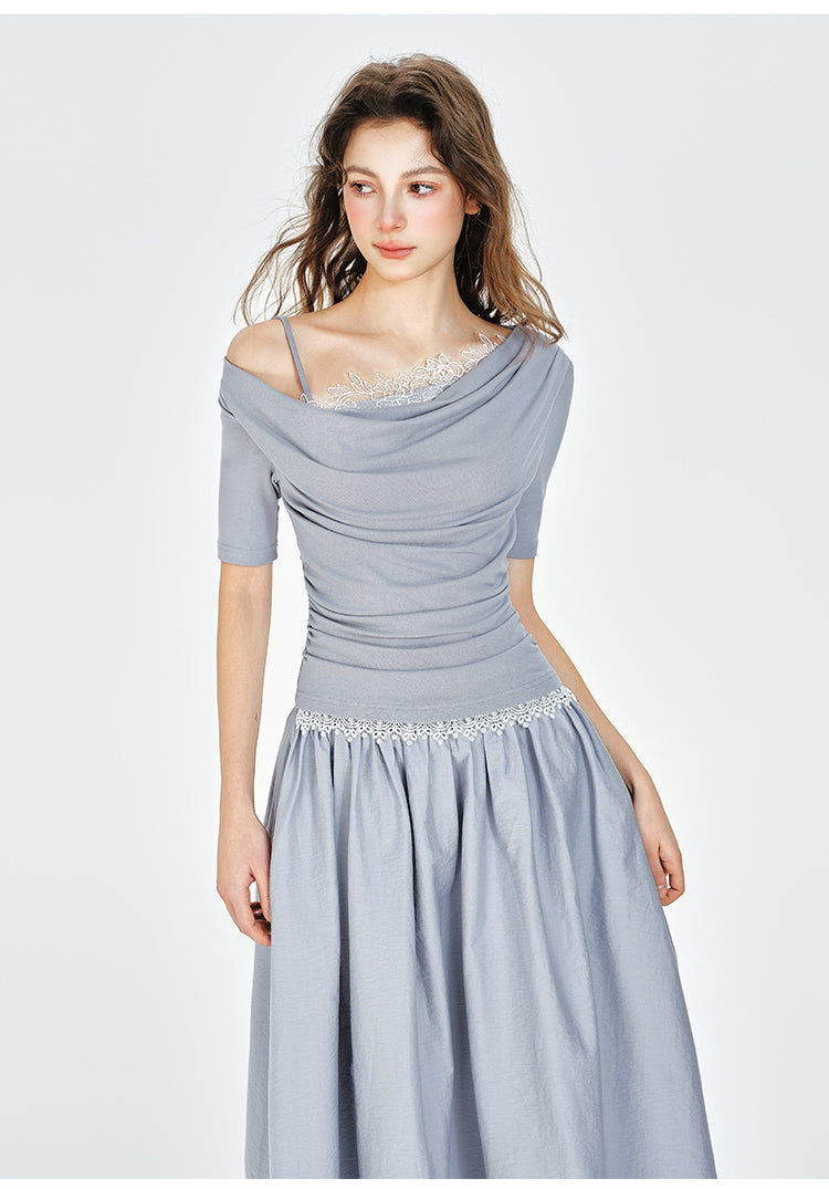 One-Shoulder Faux Layered Draped Maxi Dress