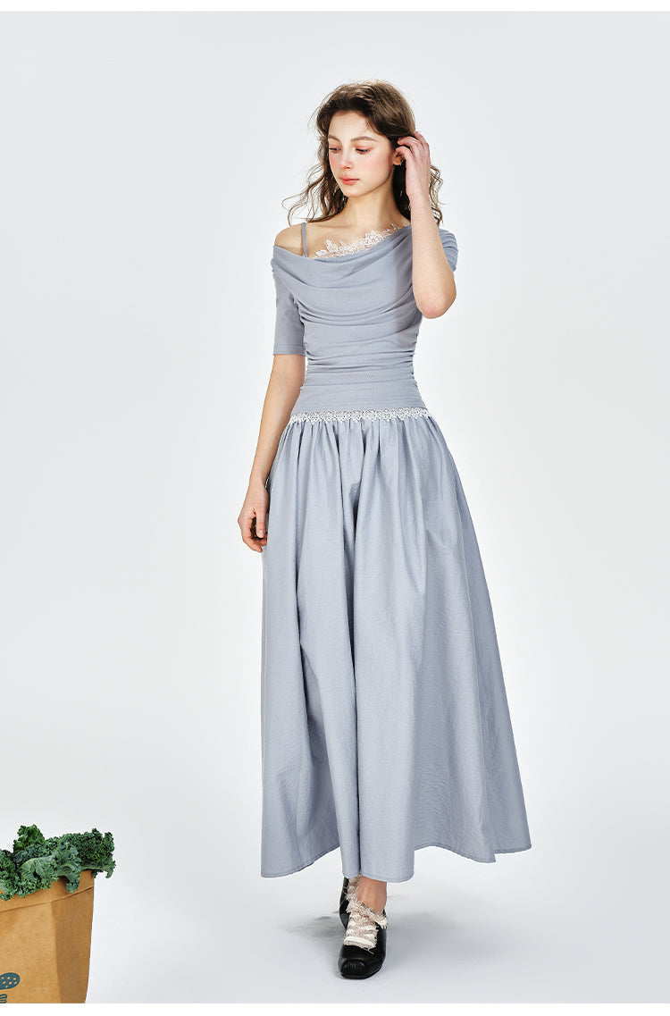 One-Shoulder Faux Layered Draped Maxi Dress