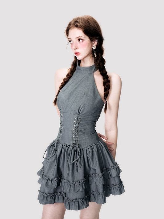 Lace-Up Corset Waist Sleeveless Halter Dress