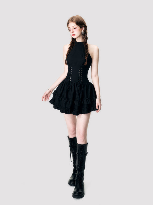 Lace-Up Corset Waist Sleeveless Halter Dress