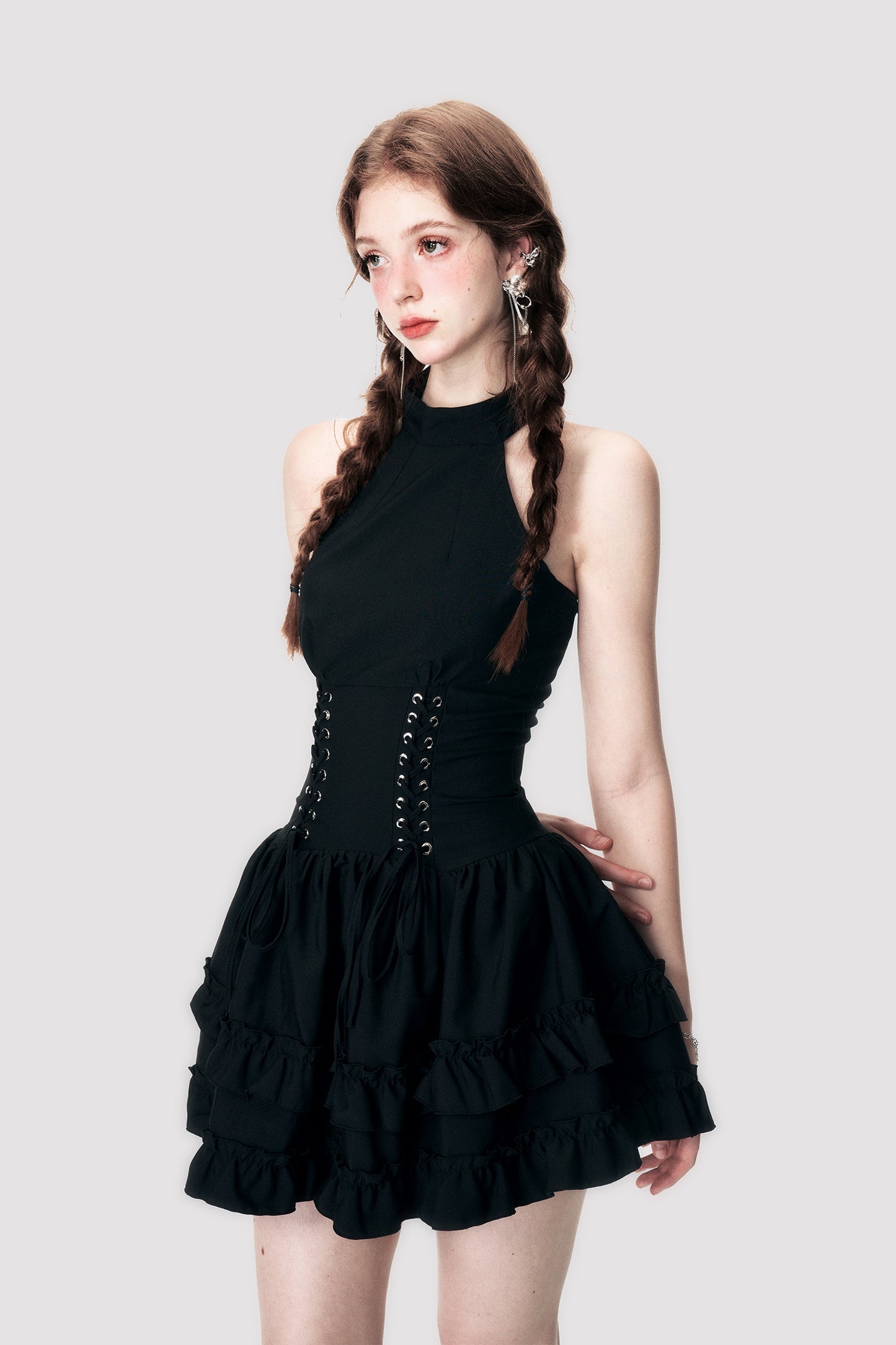 Lace-Up Corset Waist Sleeveless Halter Dress